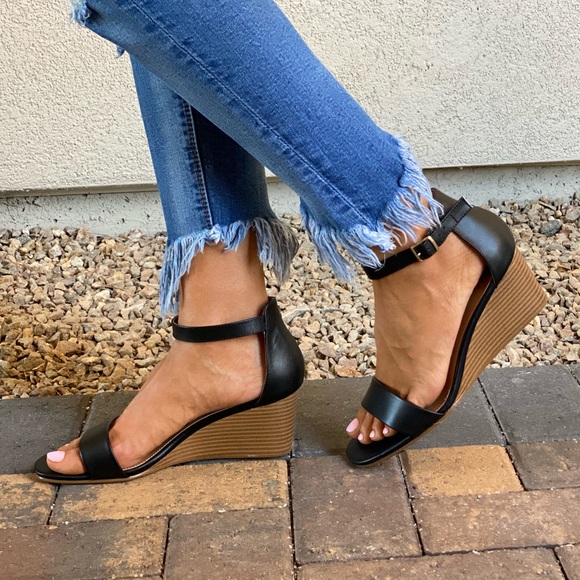 Bohemian Dreams Shoes - Black Summer Leather Kitten Heel Wedge Sandal